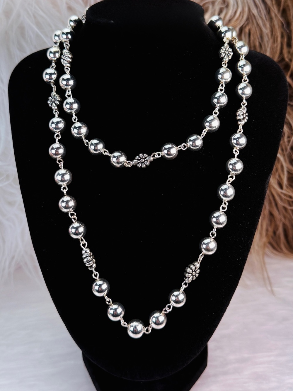 Silver Tone Long Beaded Necklace Floral Spacer Ball Beads Layering Statement